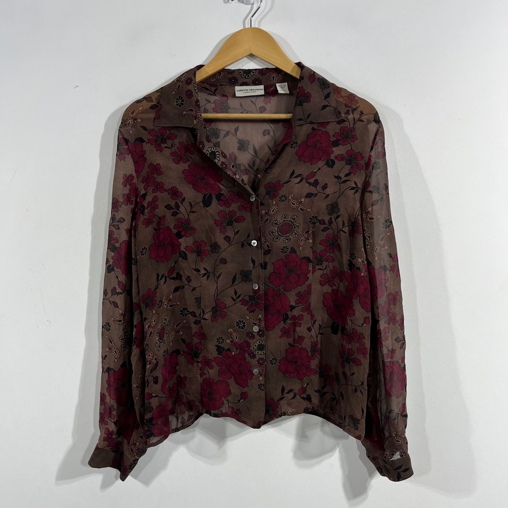 Valerie Stevens Silk Chiffon Dark Floral Top Womens Large 90s Whimsigoth Boho